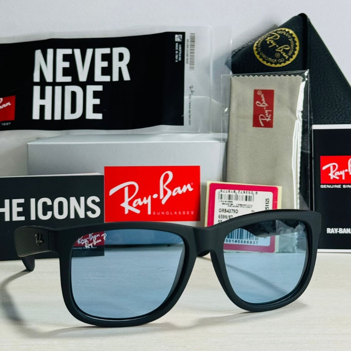 Lentes Ray ban Justin Negro Mate Celeste Polarizado